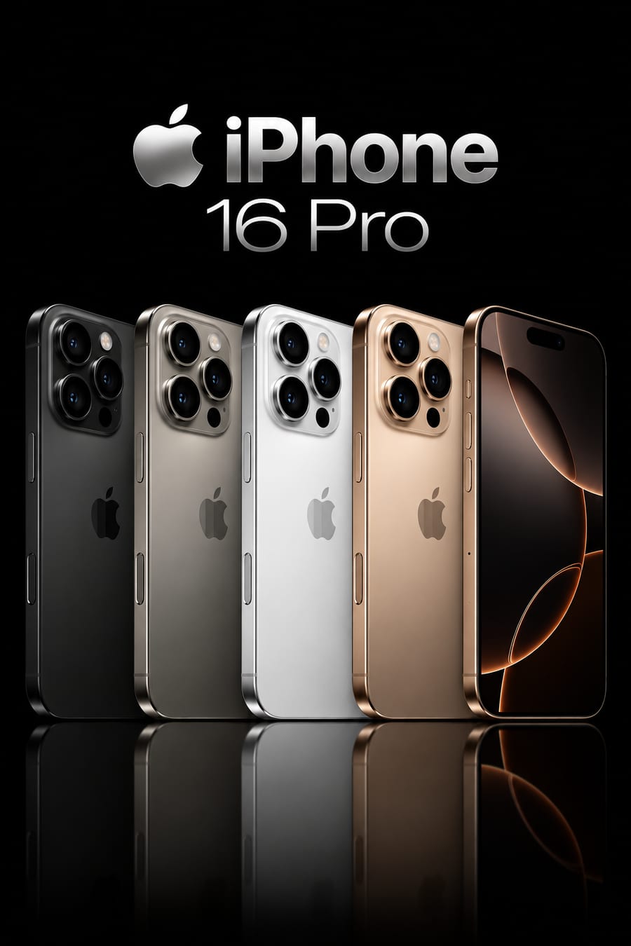 iPhone 16 Pro, disponível em Preto, Titânio natural, Branco, Titânio-deserto