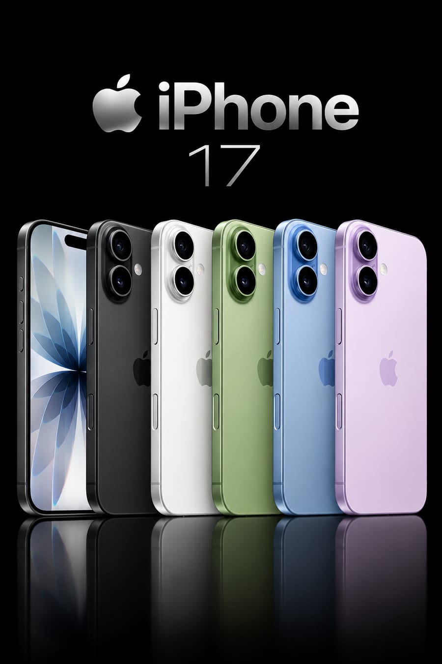 iPhone 17, disponível em Preto, Branco, Verde, Azul, Lilás