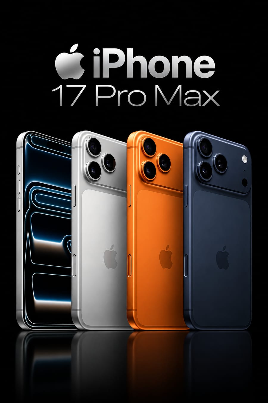 iPhone 17 Pro Max, disponível em Prata, Laranja, Azul-marinho